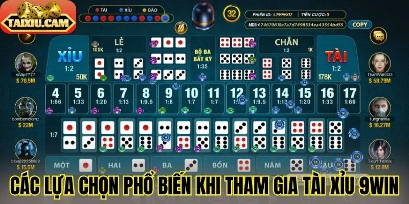 Các lựa chọn phổ biến khi tham gia tài xỉu 9Win